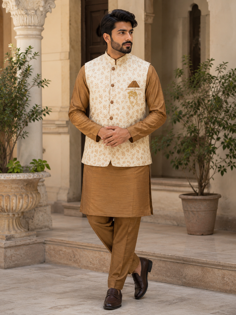 Elegant brown kurta set with a premium floral jacquard jacket, crafted for a sophisticated festive and wedding-ready look. Slight variation in color and design may occur.