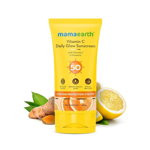 Mamaearth Vitamin C Daily Glow SPF 50 Sunscreen with PA+++ | Reduces Tanning & Gives Broad Spectrum Sun Protection | No Whitecast & Non-Greasy (50g)