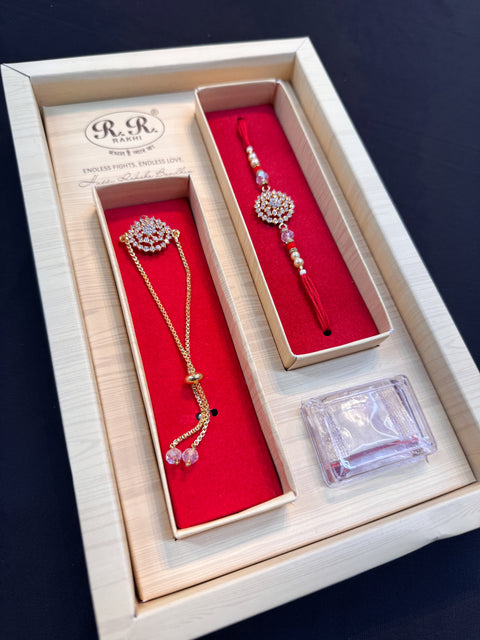 AD stone Work Bhai Bhabhi Rakhi in nice pack gift box with Mishri, Sindoor, Rice, Chandan