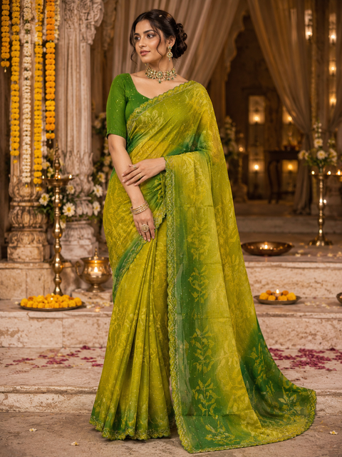 Beautiful swarovski Stones work design beautiful very soft resham Georgette Saree The Blouse Worn By The Model Is For Reference Purposes Only. The Blouse Piece Is Attached Separately With The Saree. Slight Variation In Color And Design May Occur.
