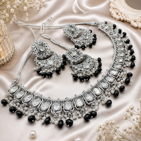 Original Polki stone with pearls beaded necklace with earrings and tikka set