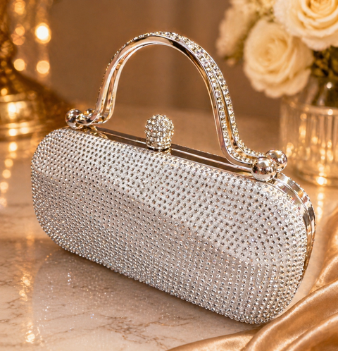 Crystals Handwork designer hand bag with handle to carry with chain inside the clutch (can be attached or detached)