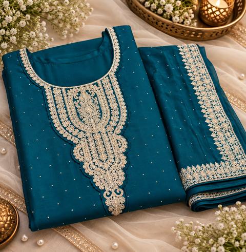 Georgette Silk suit set featuring elegant golden embroidery on the neckline, sleeves and hem, paired with matching pants and a beautifully bordered dupatta.Slight variation in colour and design may be possible.