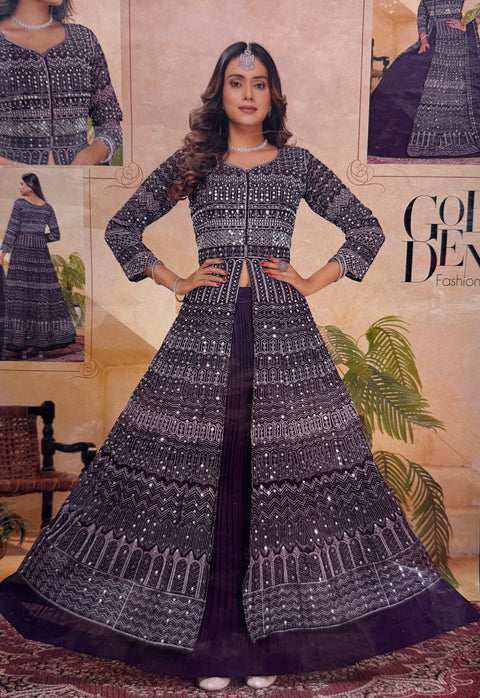 Georgette Based embroidery Work With mirror Work flared kameez and skirt with georgette dupatta