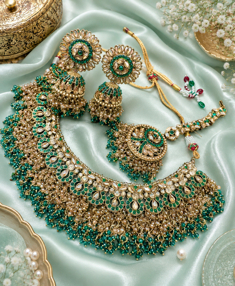 Original Polki stone with pearls beaded work beautiful necklace with jhumka and tikka set