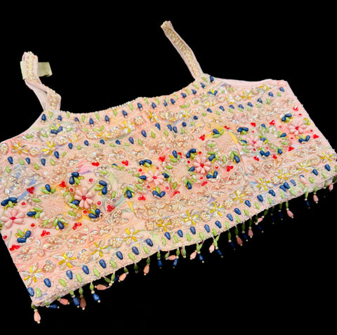 Designer handwork crop top blouse with jimmy choo soft organza heavy flared floral print lehnga with netting dupatta (same skirt with 2 different design blouses )video clip attached