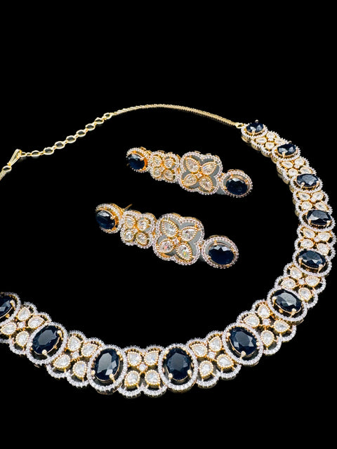 Blue Saphhire Golden color American Diamond beautiful necklace set with crystal American diamonds