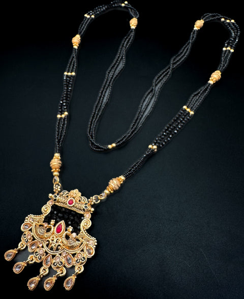 Polki Stone & Jerkan Gold Plated (Artificial) Mangalsutra With Artificial Black Beads Chain, Apx Size 15 inches length