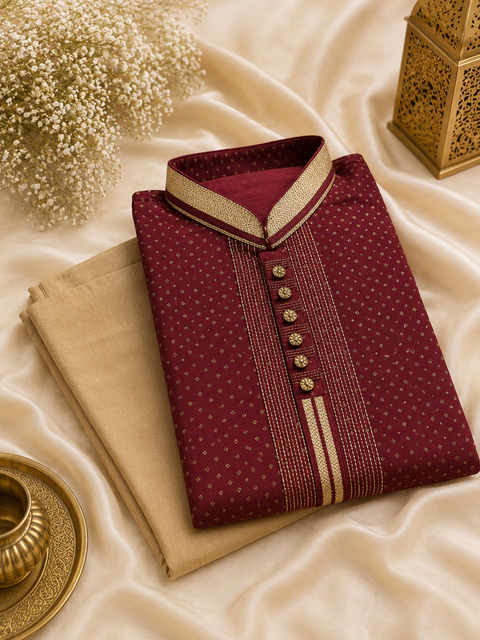 Maroon colour silk based all over embroidered mens kurta with Cream golden colour pajama pants (slight variation in color and design is possible )