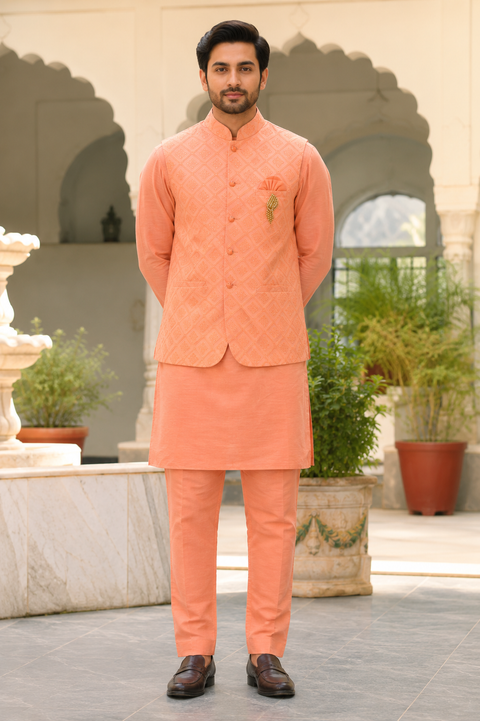 Elegant Peach Kurta Set with Designer Embroidered Nehru Jacket – A Perfect Choice for Weddings, Festive Celebrations & Special Occasions.
Please note: Slight variation in color and design may occur