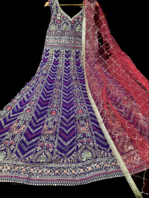 Georgette base embroidery work with sequins and stones work all over at front and back )designer gown/kameez and netting embroidery dupatta
