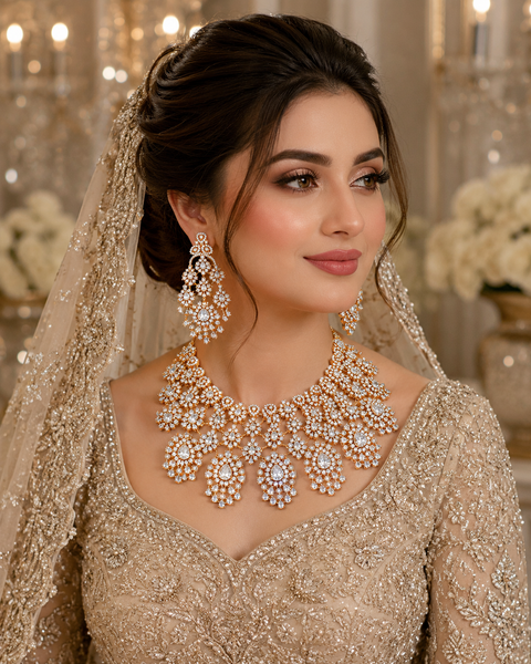 (video clip attached )Golden color Beautiful and elegant look Bridal/Semi Bridal American diamonds studded Heavy work necklace with beautiful earrings Note :- original AD stones  not fake plastic stones )