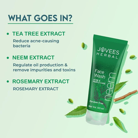 Jovees Herbal Neem Face Wash With Neem & Tea Tree Extracts | For Oily & Acne Prone Skin | Oil Control, Remove Impurities And Prevents Pimples For Men & Women | 120 ML