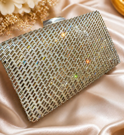 Stone work Handwork designer clutch bag with handle to carry with chain inside the clutch (can be attached or detached)