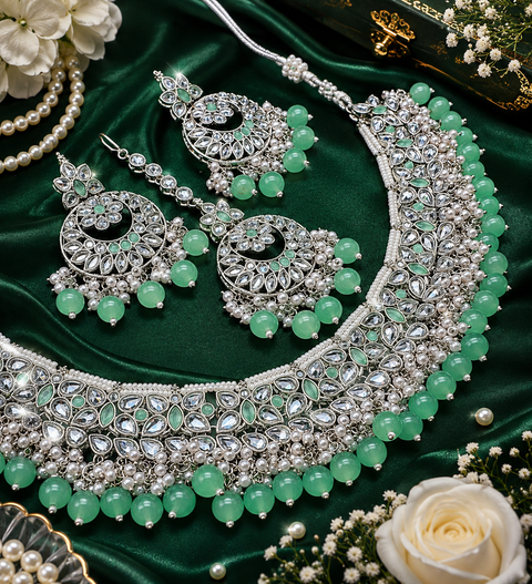 Original Polki stone with pearls beaded heavy work necklace with earrings and tikka set