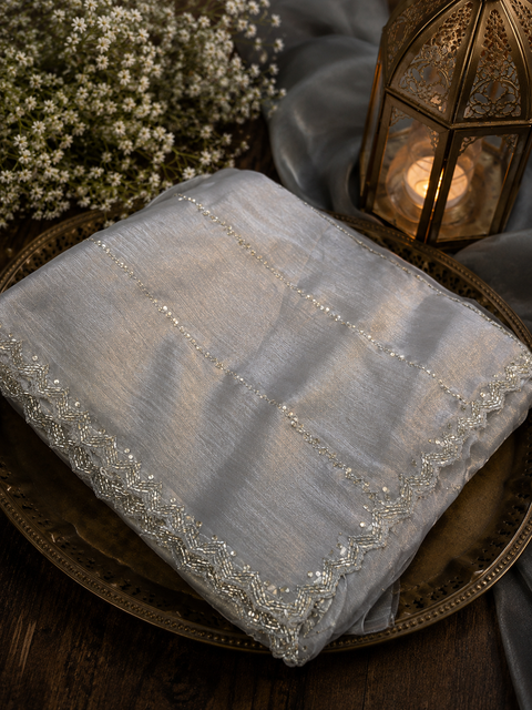 Elegant Jimmy Choo Saree featuring intricate handwork detailing and a beautifully embellished border. Comes with an attached matching blouse piece, blouse worn by the model is for reference purposes only(slight variation in color and design is possible)