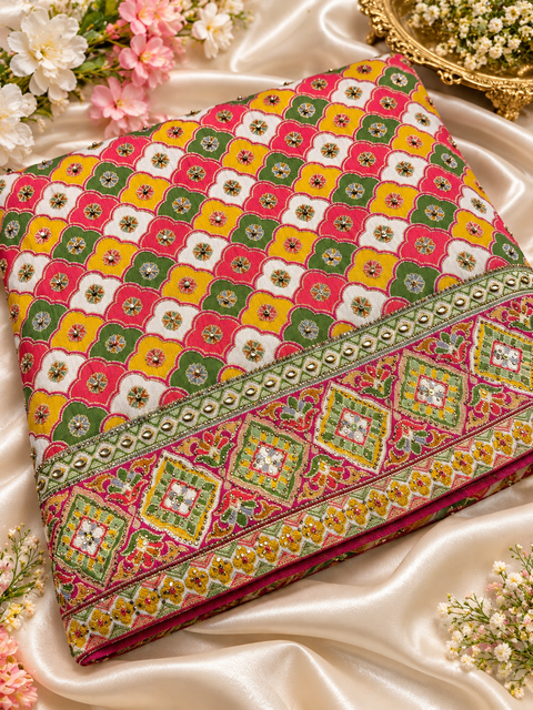 Beautiful silk saree featuring vibrant multicolour motifs, intricate embroidered borders and stone work all over the saree for a rich festive look. Elegant, colourful and perfect for weddings, parties and special occasions.