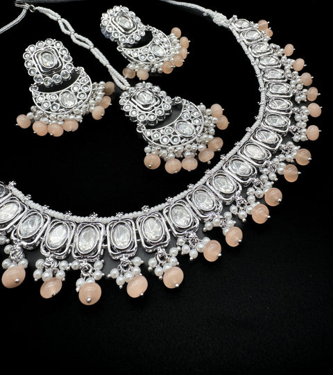 Original Polki stone with pearls beaded necklace with earrings and tikka set