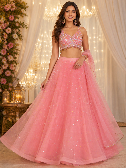 (Video clip attached)Heavy hand work designer stylish Blouse with very very heavy flared shiny netting based  princess style lehnga and dupatta(slight variation in color and design is possible )