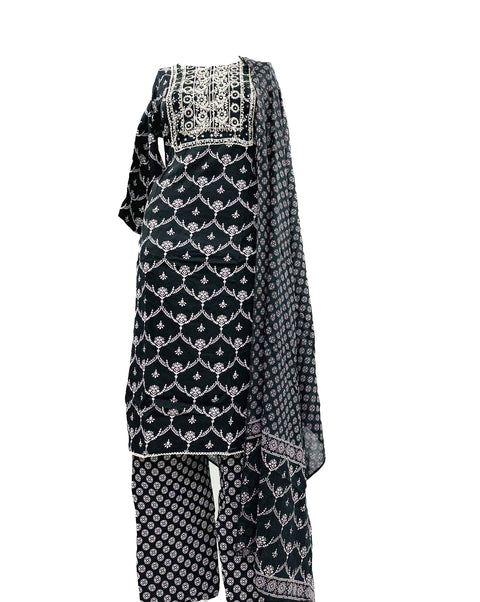 PURE & SOFT COTTON BASED DESIGNER EMBROIDERED & PRINTED WORK KURTI WITH PLAZO PANTS & DUPATTA