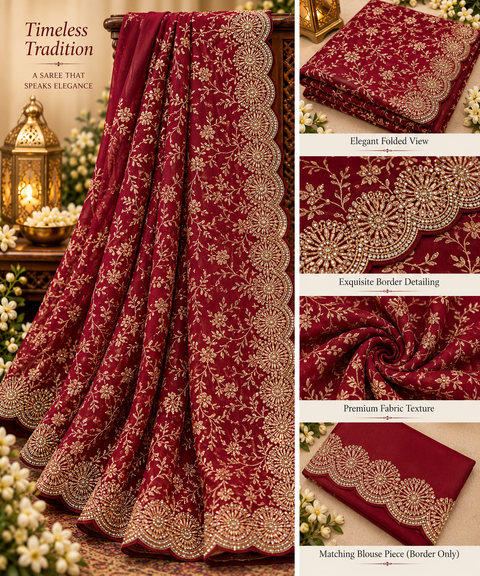 Maroon color pure georgette saree with Kashmiri-inspired soft thread floral embroidery and delicate stone work all over. Finished with a beautifully detailed scalloped border for a rich, elegant look.
