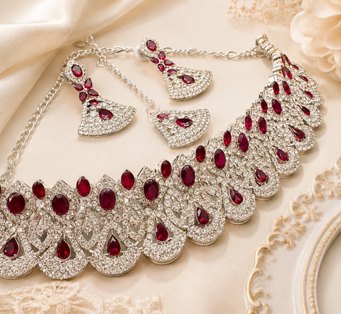 Silver jerkan stone beautiful choker necklace with earrings and tikka set