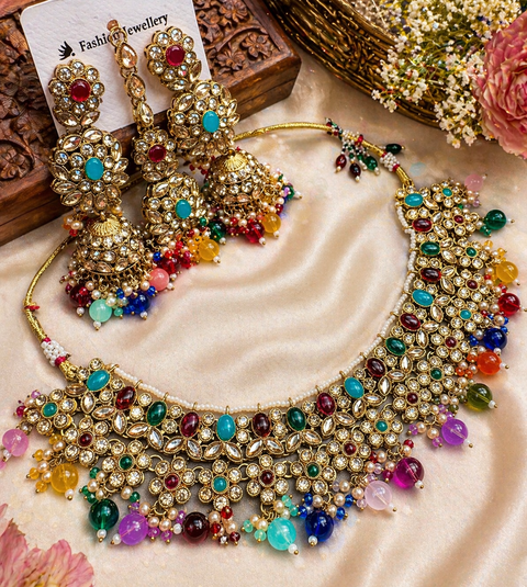 Polki stone with pearls beaded work beautiful necklace with jhumka and tikka set