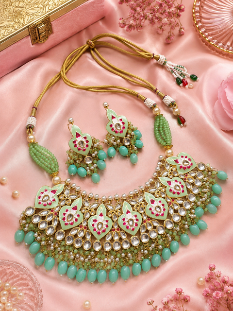 Pastel mint and seafoam green colour beautiful meenakari work with kundan stones & beads pearls necklace set (slight variation in color and design is possible)