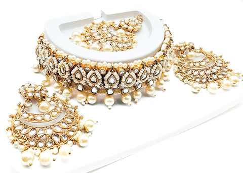 Pearls beaded with Kundan stone beautiful choker necklace with Earrings & Tikka