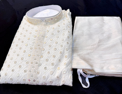 Cotton Silk based beautiful embroidery work at front and back with sequins work designer Kurta & cream golden color Pajama
