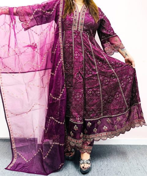 Pure & Soft Rayon Based Designer Embroidered & mirror  Work with bandhani print Flared Kurti With designer Plazo Pants & organza based embroidery Dupatta