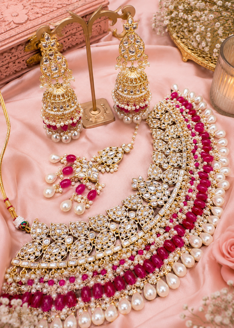 Kundan studded & pearls work designer heavy work Necklace set with beautiful Earrings & Tikka