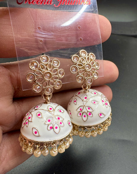 Polki Stone With Pearls Work Beautiful Meenakari Jhumka