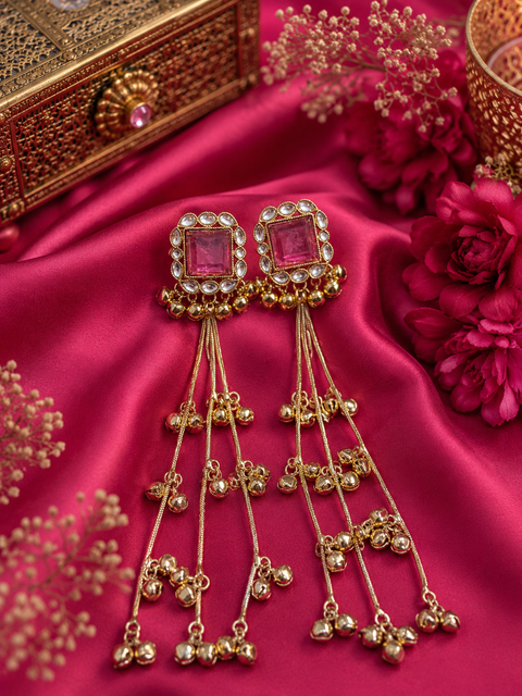 Lite Pink color Elegant Kashmiri earrings featuring gemstone studs with delicate ghungroo detailing for a graceful look ✨(slight variation in color and design is possible )