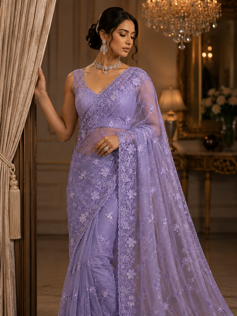 Lavender color Net Saree Adorned With Intricate Embroidery, stonework  Detailing & Beautiful Border. The Blouse Worn By The Model Is For Reference Purposes Only. The Actual Blouse Piece Comes Attached With Saree(Slight Variations Are Possible)