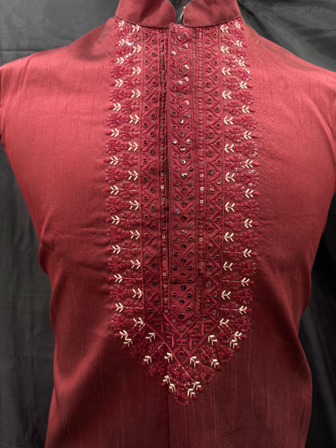 (Video clip attached)Maroon Raw silk based heavy embroidery work with all over sequinned work Jacket style Mens classy Indo western with (half sleeves Kurta ) and Pants
