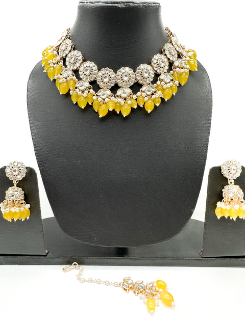 Kundan studded & pearls work designer heavy work Necklace set with beautiful Earrings & Tikka