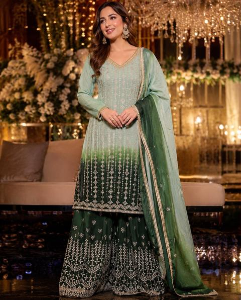 Ombré shades Georgette based sequined and embroidery work kameez with sharara pants and Georgette dupattal(slight variation in color and design is possible)
