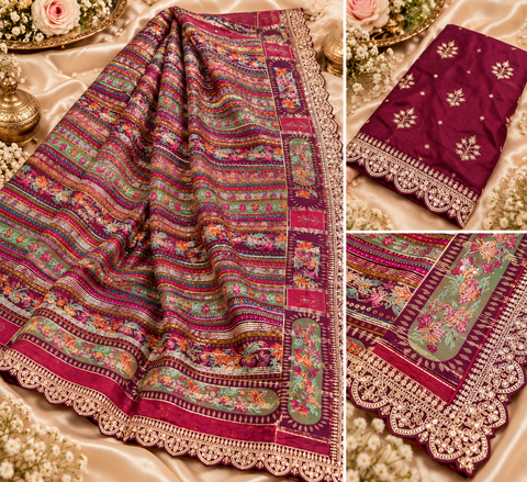 Soft chiffon Saree with a rich multicolour printed design, elegant border detailing & subtle zari-style motifs for a graceful festive look. Attached blouse piece included.model blouse is for reference only. Slight variation in colour and design may occur