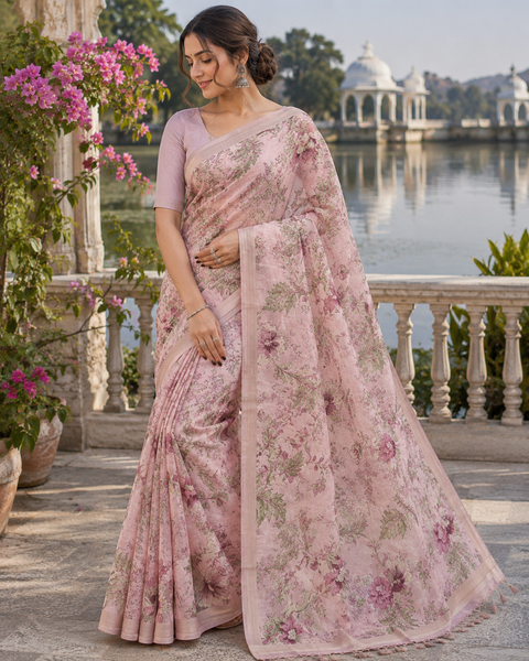 Chanderi Cotton Saree featuring an elegant all-over floral print with a beautifully detailed printed pallu.Blouse Worn By Model Is For Reference Purposes.Blouse Piece Is Attached Separately With The Saree. (Slight variation in color & design is possible)