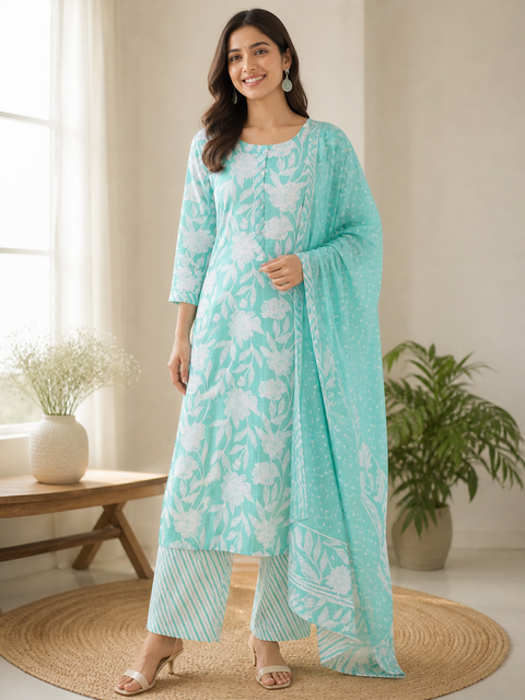 Cotton Based Printed Kurti With Plazo pants & Dupatta (slight variance in color and design is possible)