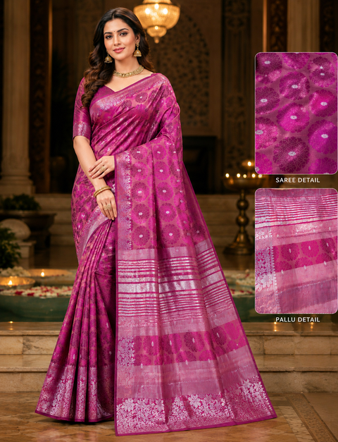 Art silk saree,woven pallu and intricate border.Comes with attached blouse piece (model blouse for reference only)Slight color in color and design may be possible)