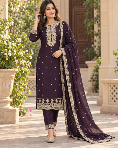 Georgette Silk suit set featuring elegant golden embroidery on the neckline, sleeves and hem, paired with matching pants and a beautifully bordered dupatta.Slight variation in colour and design may be possible.