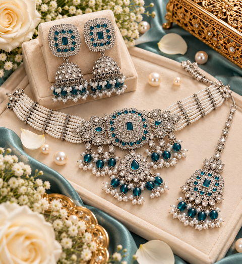 Beautiful silver stones with pearls and colorful stones choker necklace & Jhumka with Tikka. Slight variations in colour and design are possible.