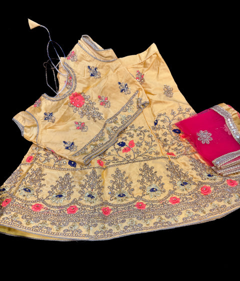 Pastel lemon colour silk based heavy embroidery work with stones readymade lehnga & blouse & contrast dupatta lehnga