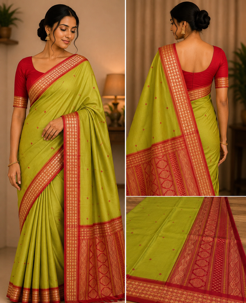 Premium Art Silk Saree Featuring Elegant Zari Weaving, Saree Comes With An Attached Blouse Piece. Model Blouse Is For Reference Only. Slight Variation In Colour And Design May Occur