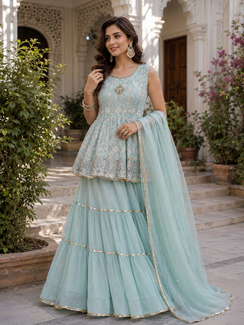 Size 44(Upto 46)Pastel blue Colour Chiffon Based All Over Embroidery Work Flared Kameez & lehnga with dupatta (slight variation in color and design is possible)