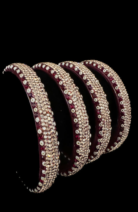 Dark Maroon color Golden jerkan Stone with pearls beaded beautiful Glass kade set (4 Kade in 1 pack ) Price per pack