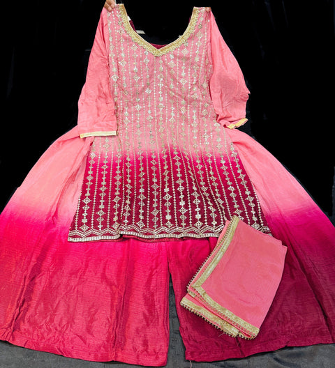 Ombré shades Georgette based sequined and embroidery work kameez with sharara pants and Georgette dupatta