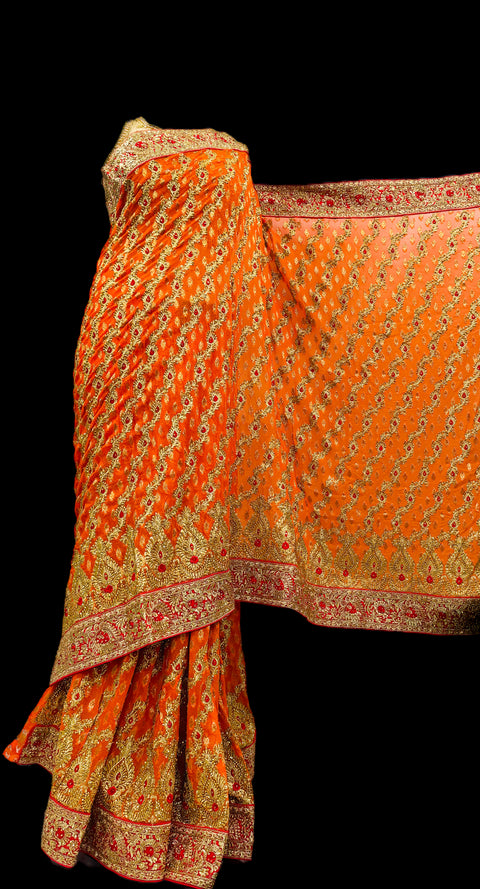 (Video clip attached )soft chiffon based zari work with heavy stone work border and embroidery work jaal all over & stone work beautiful Saree